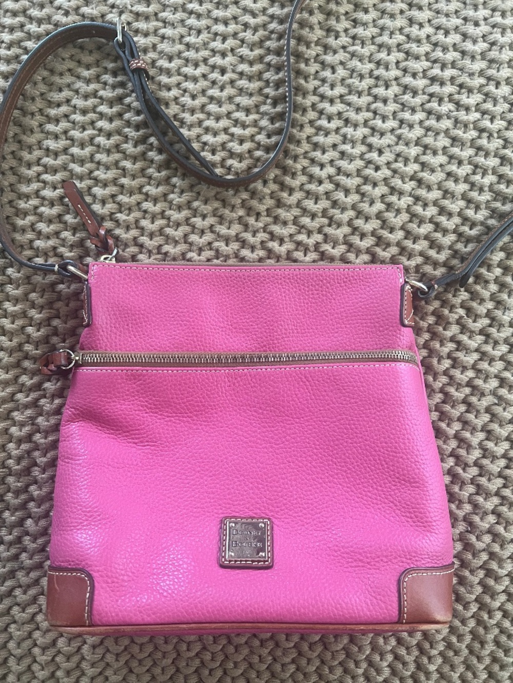 Dooney and Bourke Pebble Grain Leather Crossbody Purse with Tan Trim in Hot Pink